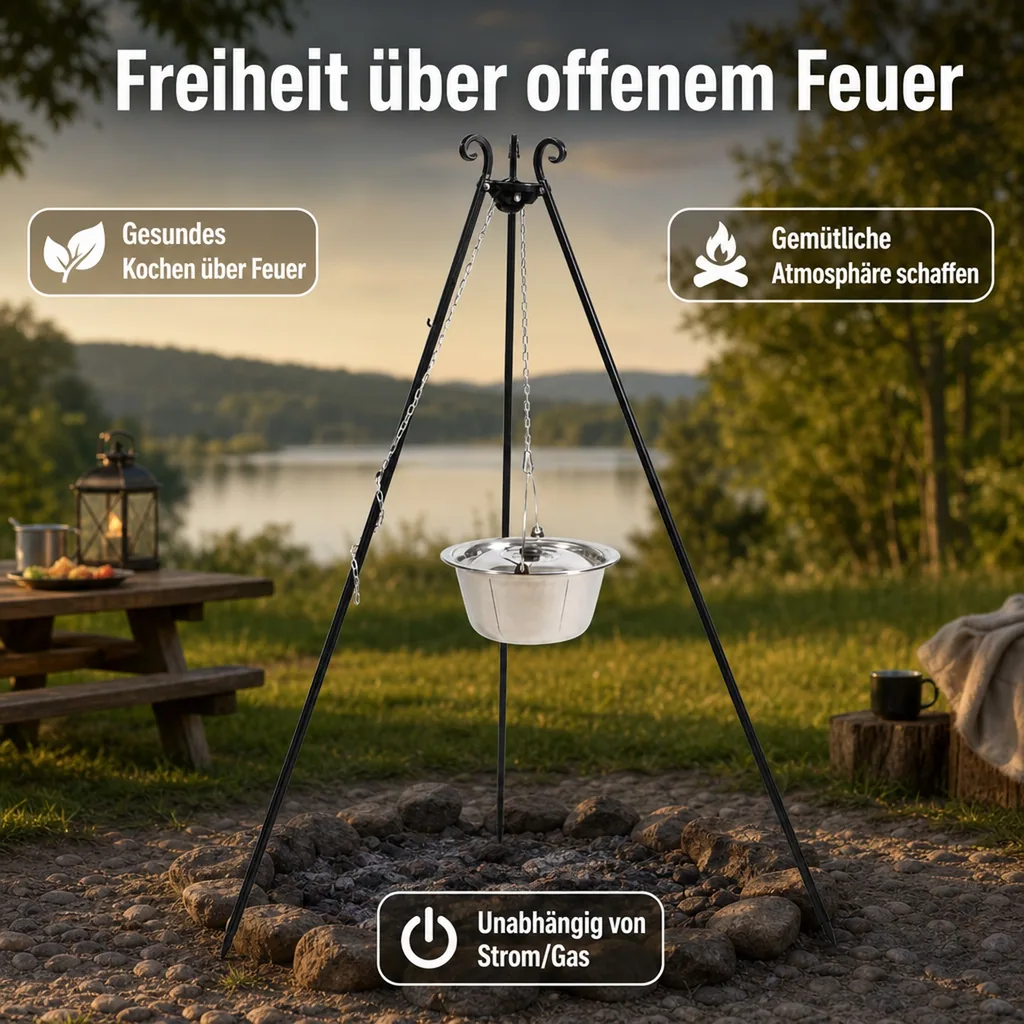 Dreibein Grill mit Edelstahltopf 14l, 180 cm, Outdoor Kochset