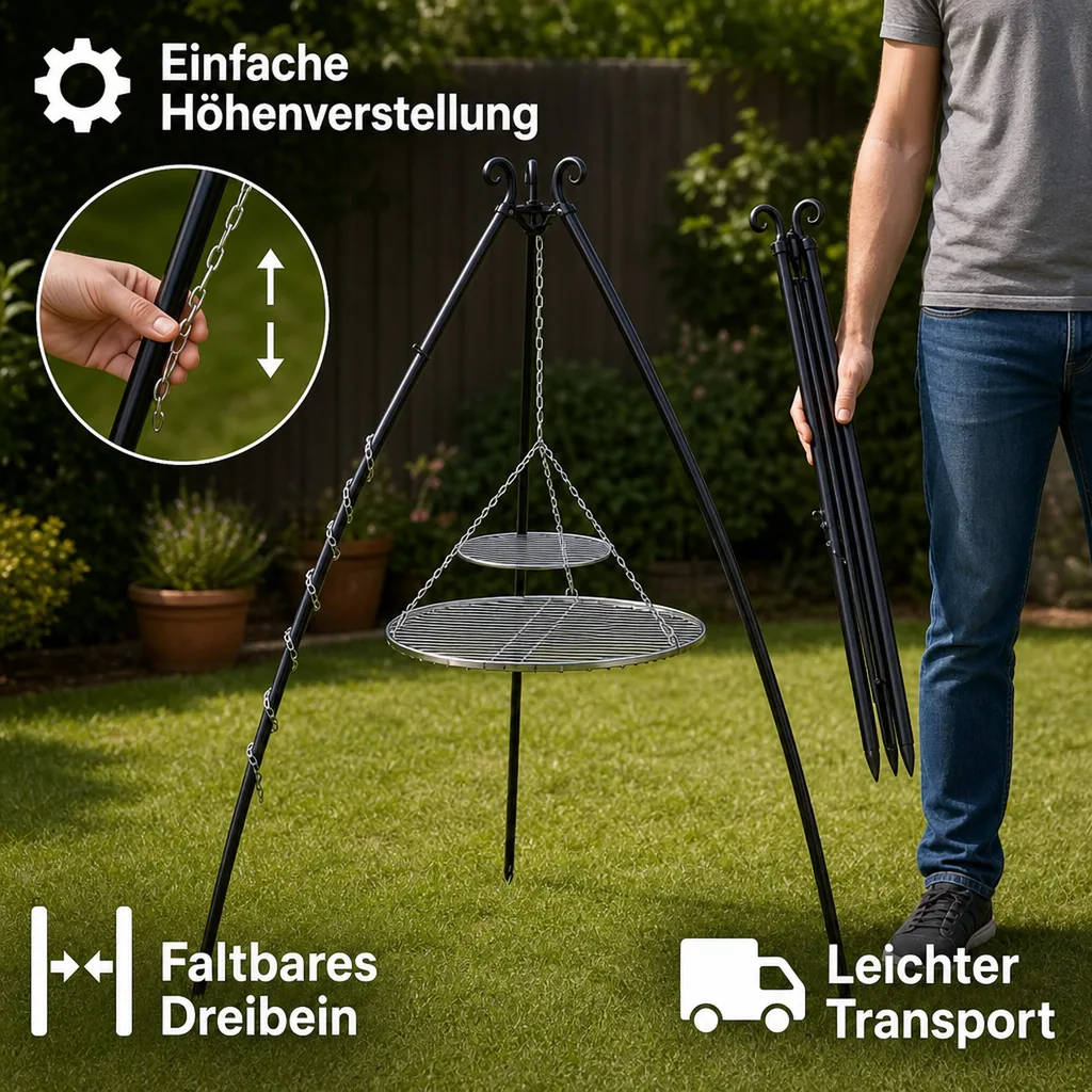 Schwenkgrill, Dreibein Grill, Gartengrill, Doppelrost, 200cm