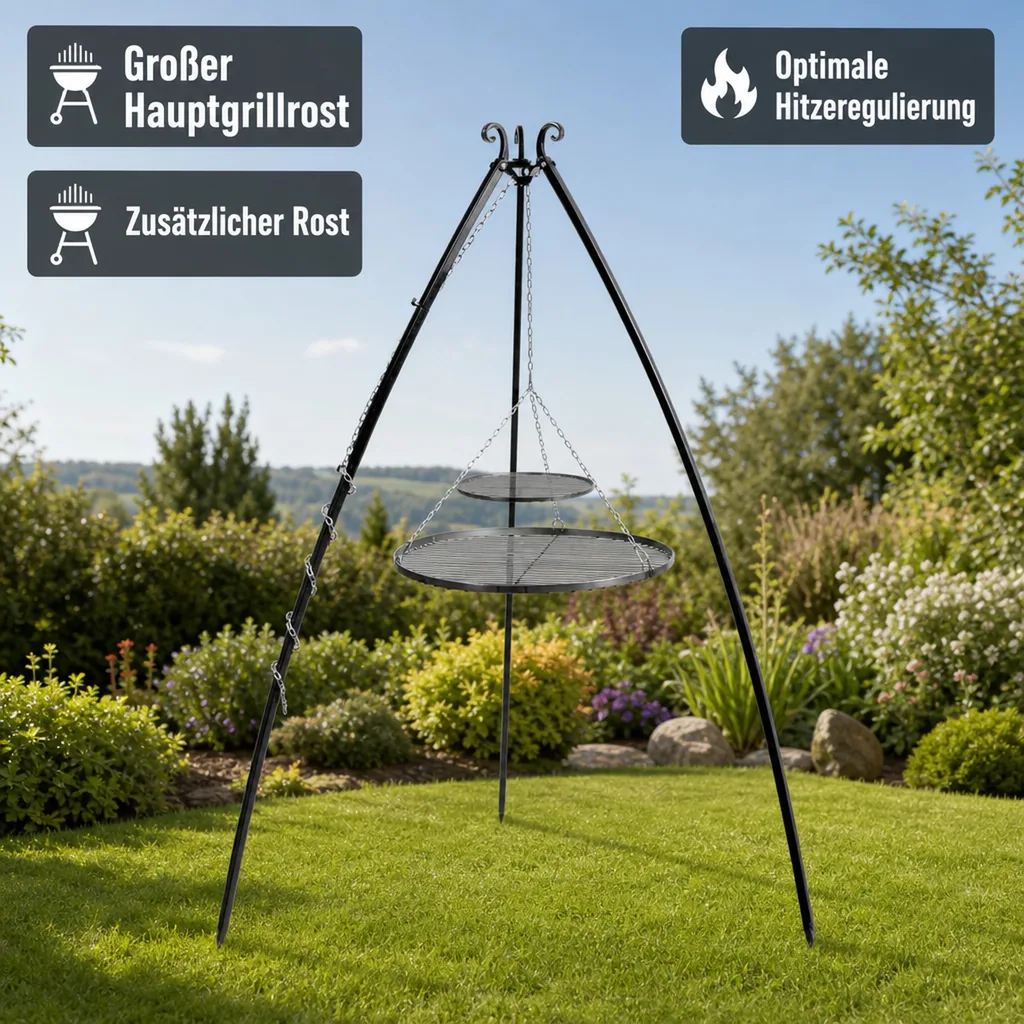 Schwenkgrill, Dreibein Grill, Gartengrill, Doppelrost, 200cm