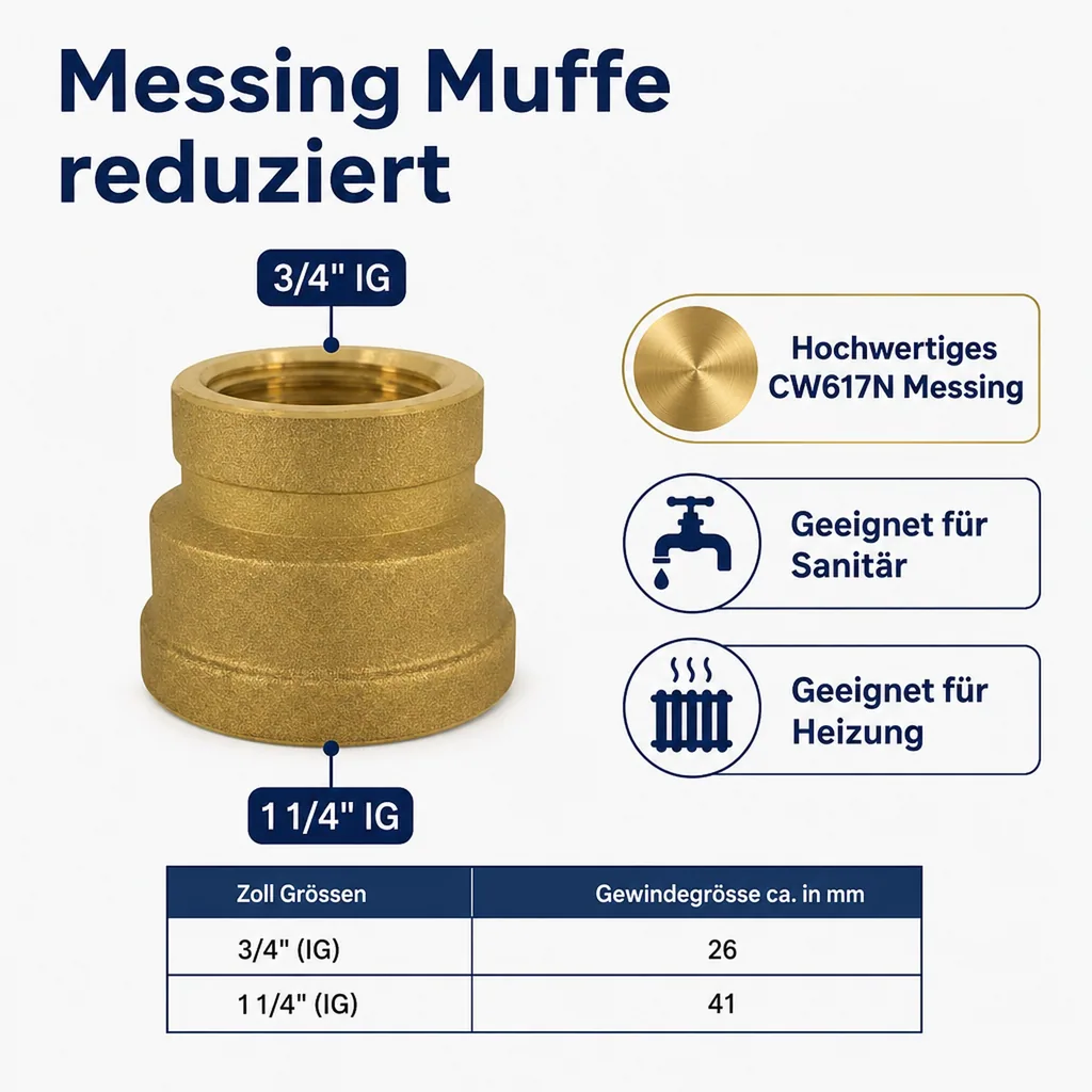 Messing Muffe reduziert, Reduziermuffe, 3/4" IG x 1 1/4" IG