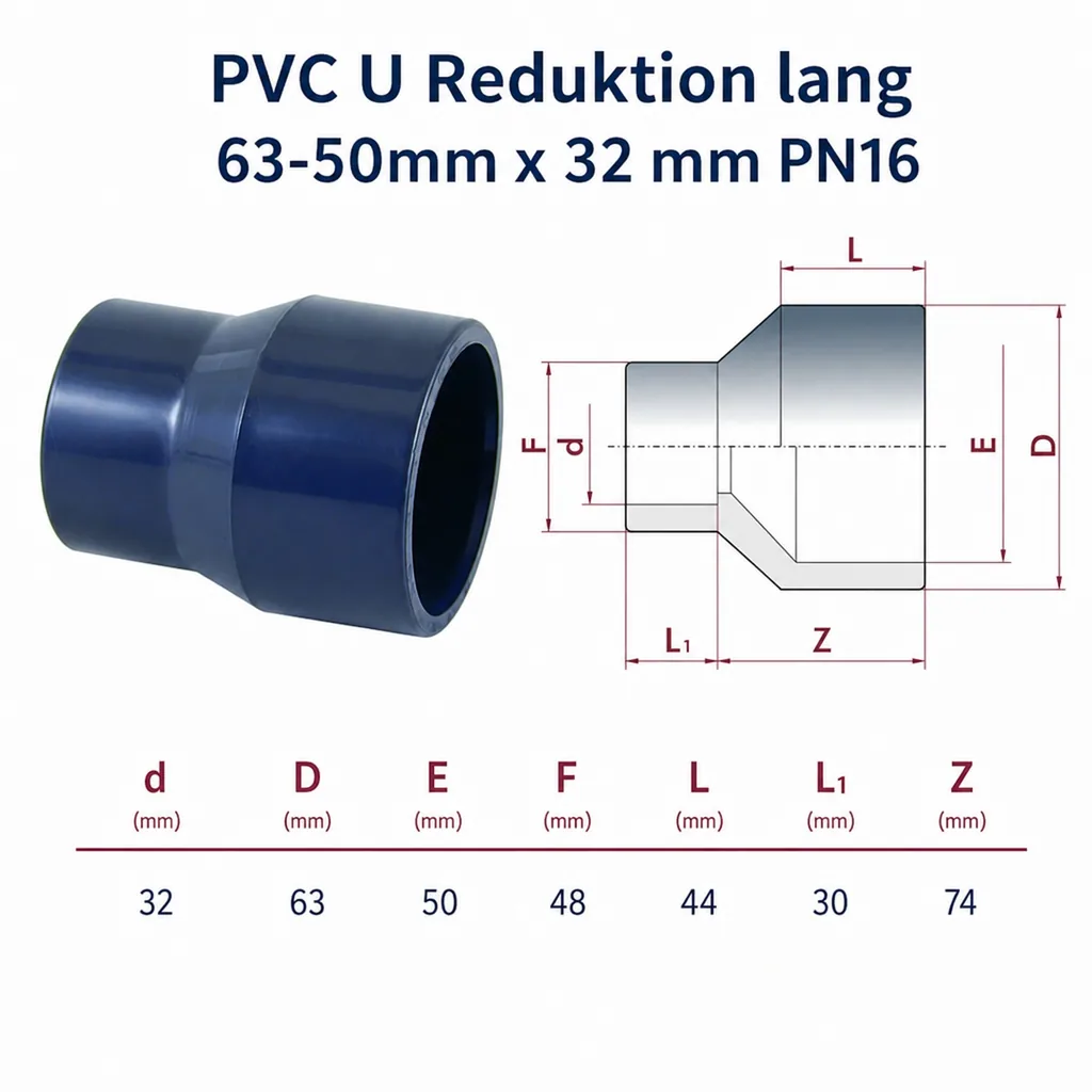 PVC - U Reduktion lang 63-50mm x 32 mm PN16