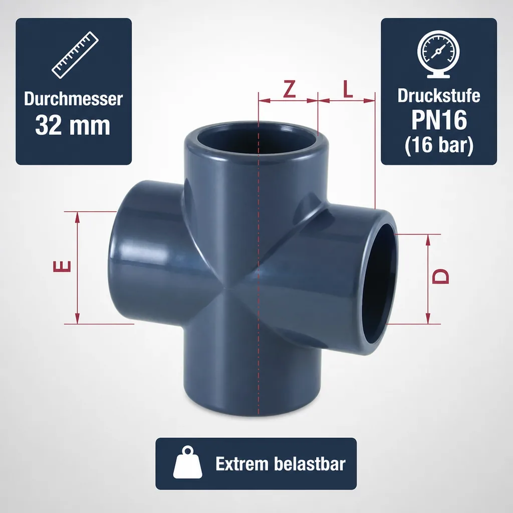 PVC Fitting, PVC-U Kreuz Muffe 32 mm, PN16, Rohrverbinder