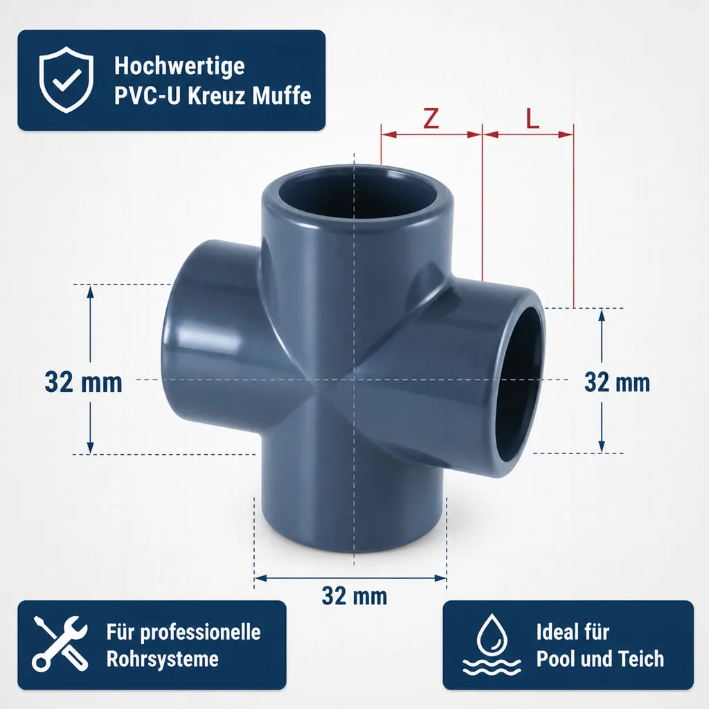 PVC Fitting, PVC-U Kreuz Muffe 32 mm, PN16, Rohrverbinder