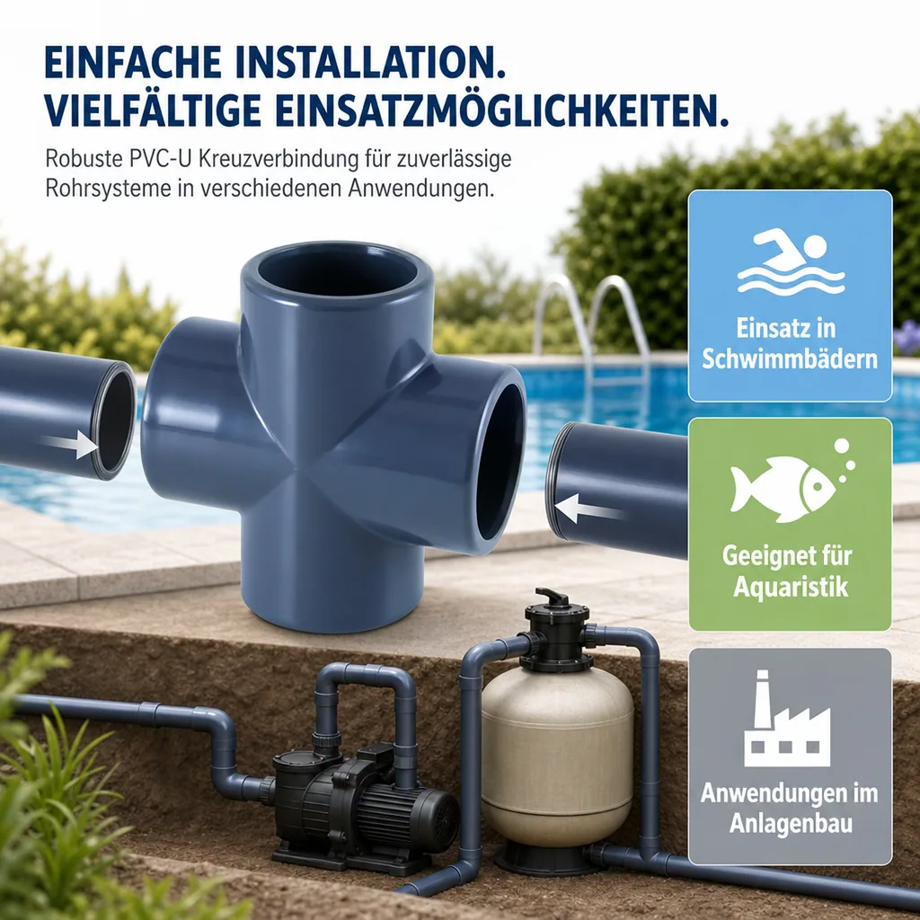 PVC Fitting, PVC-U Kreuz Muffe 32 mm, PN16, Rohrverbinder