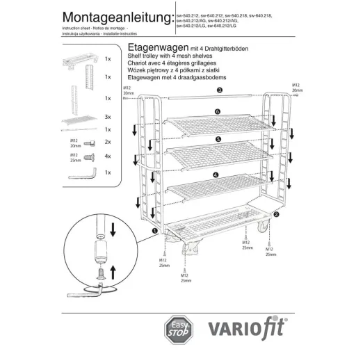Etagenwagen mit 4 Drahtgitterböden verzinkt 250 kg Traglast Typ M + EasySTOP