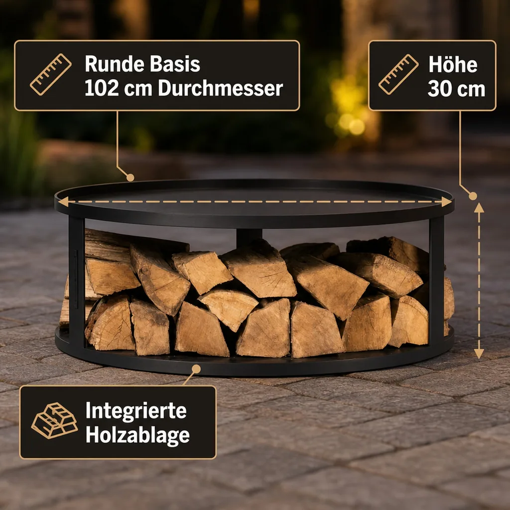 Feuerschale mit Holzfach, Feuerstelle Unterlage, runde Basis 102cm Naturstahl