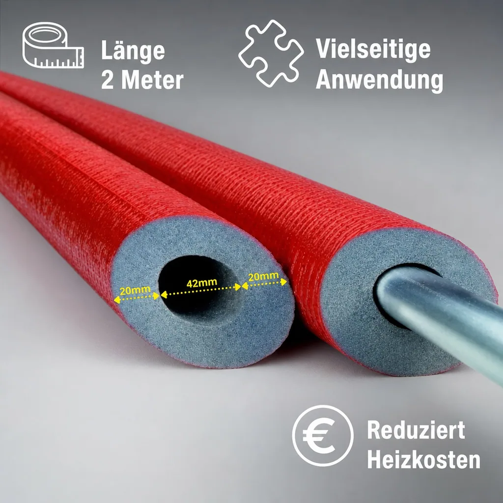 Rohrisolierung 42mm, 2m, Heizungsrohr Isolierung, 20mm Dämmstärke, GEG konform