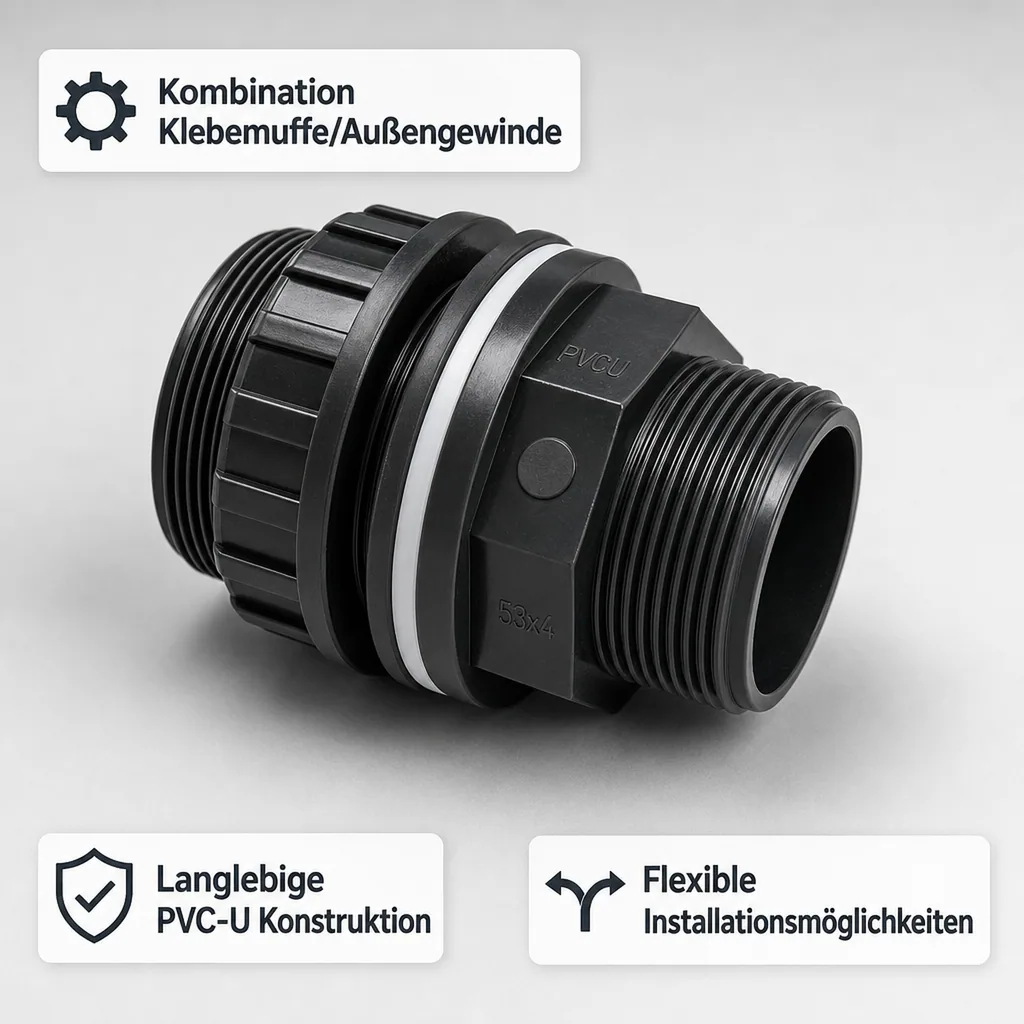 PVC Durchführung, Klebemuffe, Außengewinde, 50mm, PN10
