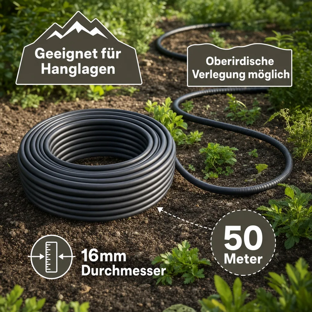 Tropfschlauch 50m, Bewässerungsschlauch 16mm, Garten, Pflanzenbewässerung