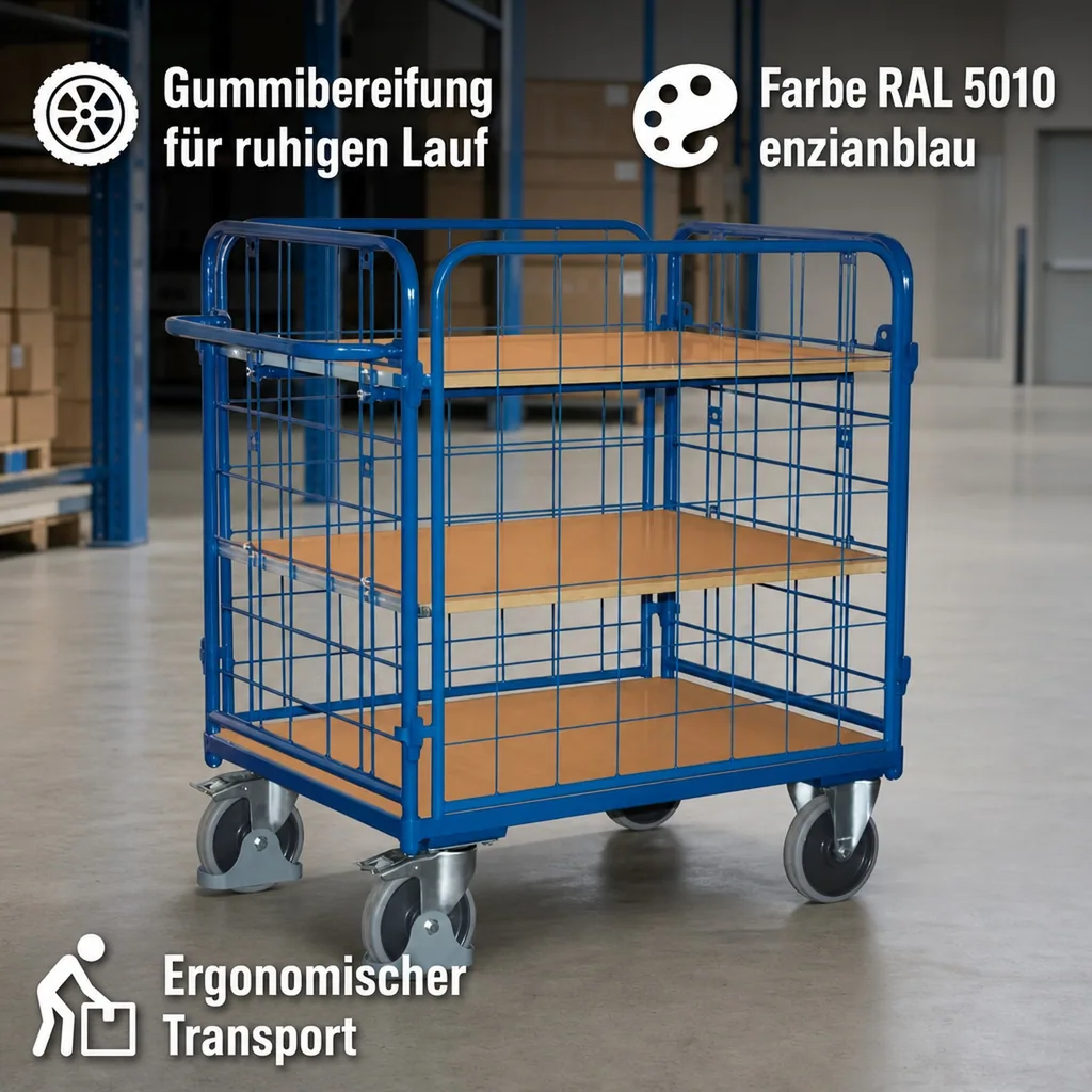 Vierwandwagen mit 3 Böden, 500 kg Traglast, EasySTOP