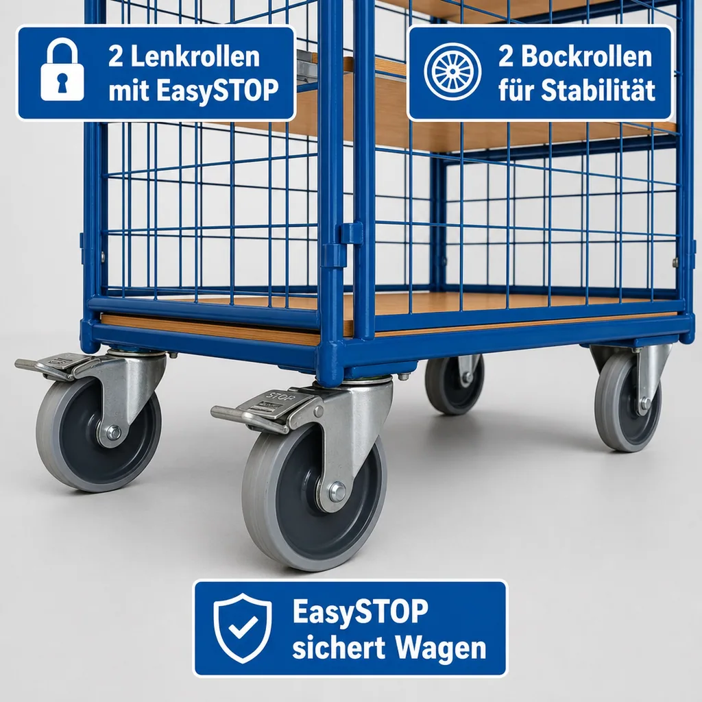 Vierwandwagen mit 3 Böden, 500 kg Traglast, EasySTOP