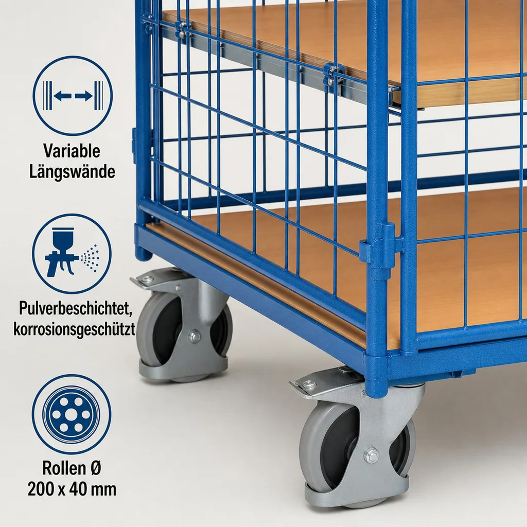 Vierwandwagen mit 3 Böden, 500 kg Traglast, EasySTOP