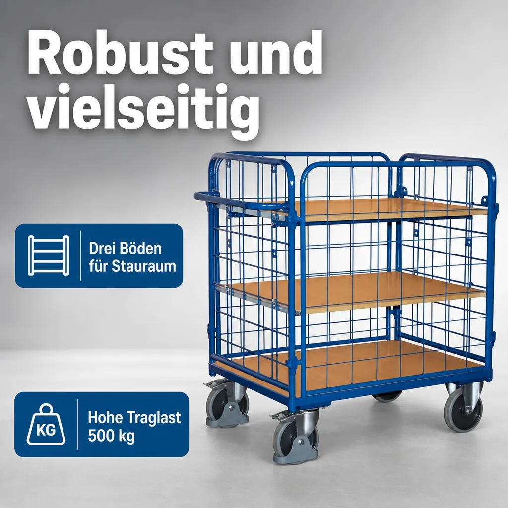 Vierwandwagen mit 3 Böden, 500 kg Traglast, EasySTOP