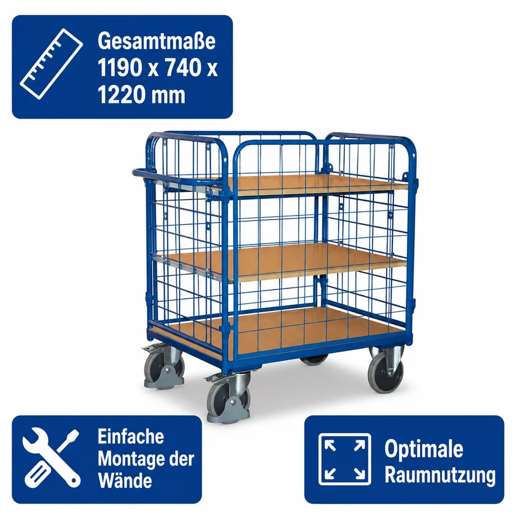 Vierwandwagen mit 3 Böden, 500 kg Traglast, EasySTOP
