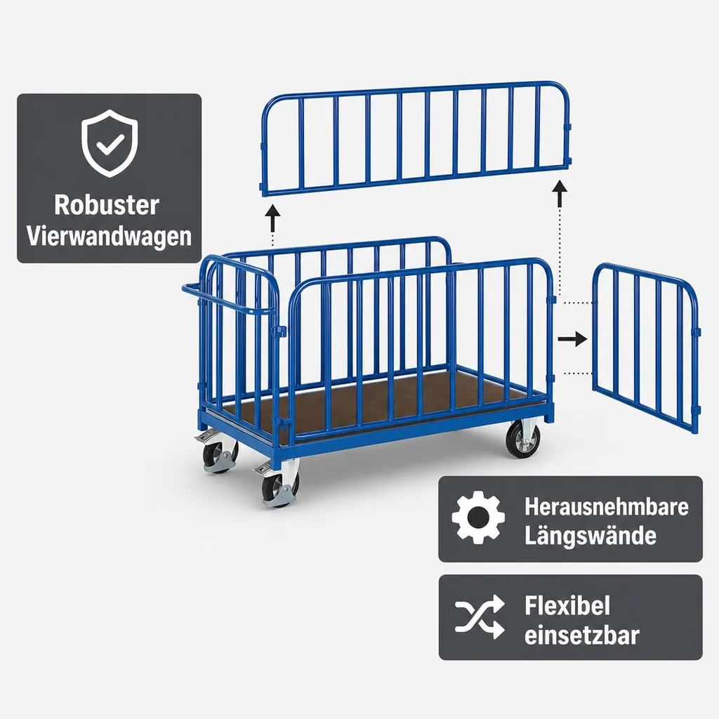 Vierwandwagen 1200 kg, Industriewagen, Transportwagen mit Wänden