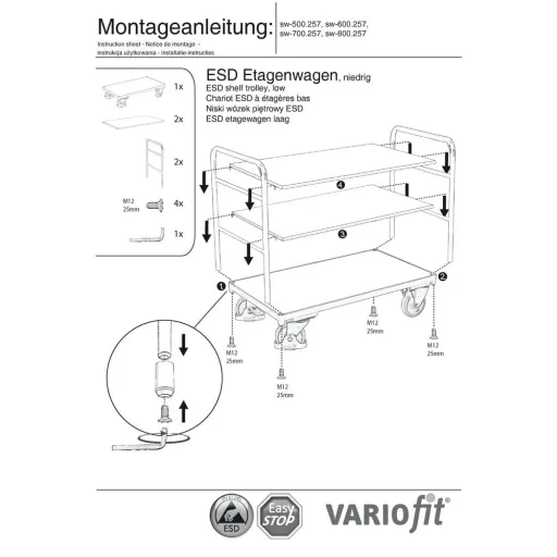 ESD Wagen, Etagenwagen mit 3 Böden, EasySTOP, 250 kg Traglast