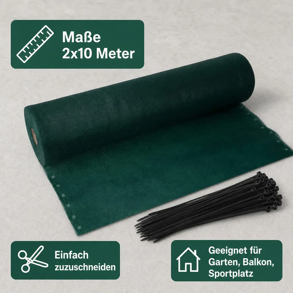 Sichtschutznetz, Windschutznetz, 2x10 m, inkl. Kabelbinder Set, Garten Sichtschutz