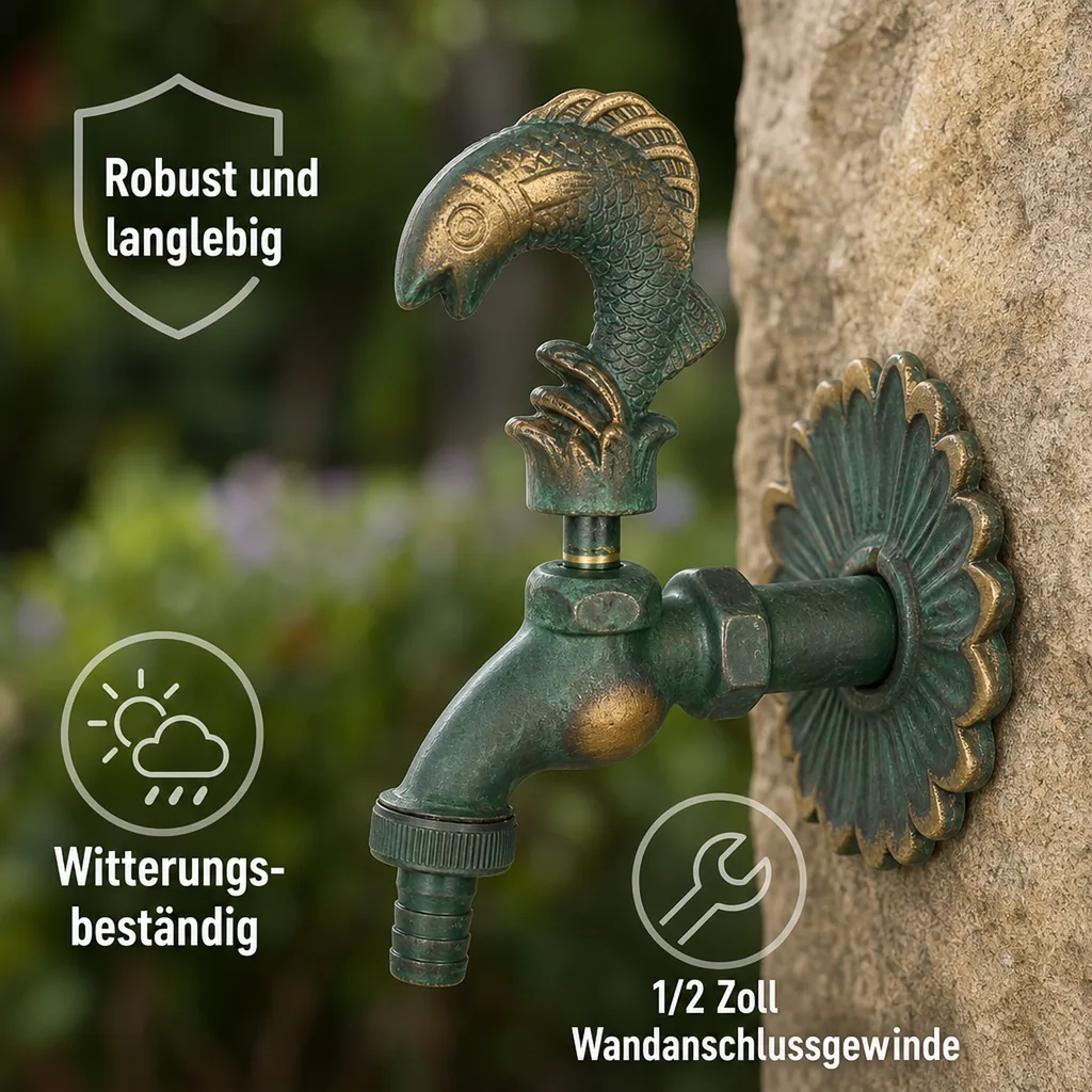Auslaufventil 1/2 Zoll, Nostalgie Auslaufventil Fisch, Messing patiniert