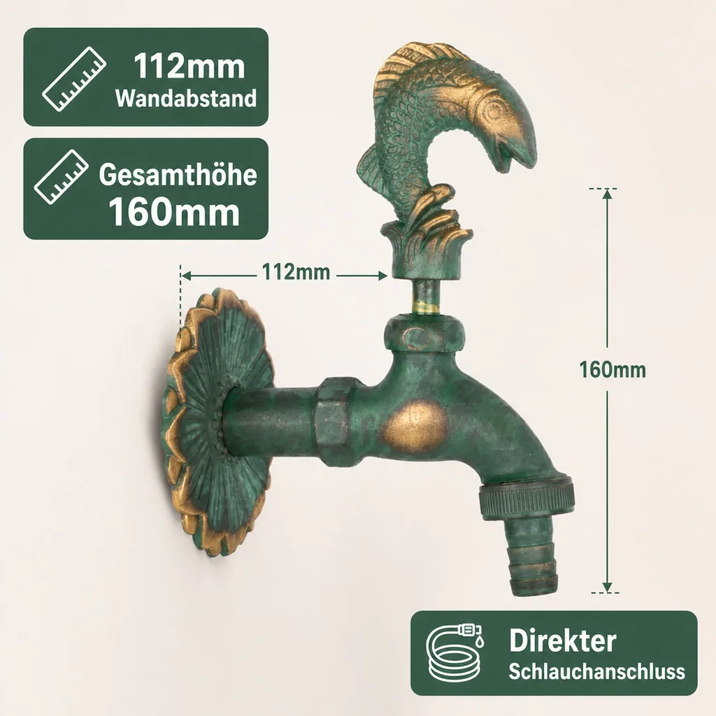 Auslaufventil 1/2 Zoll, Nostalgie Auslaufventil Fisch, Messing patiniert