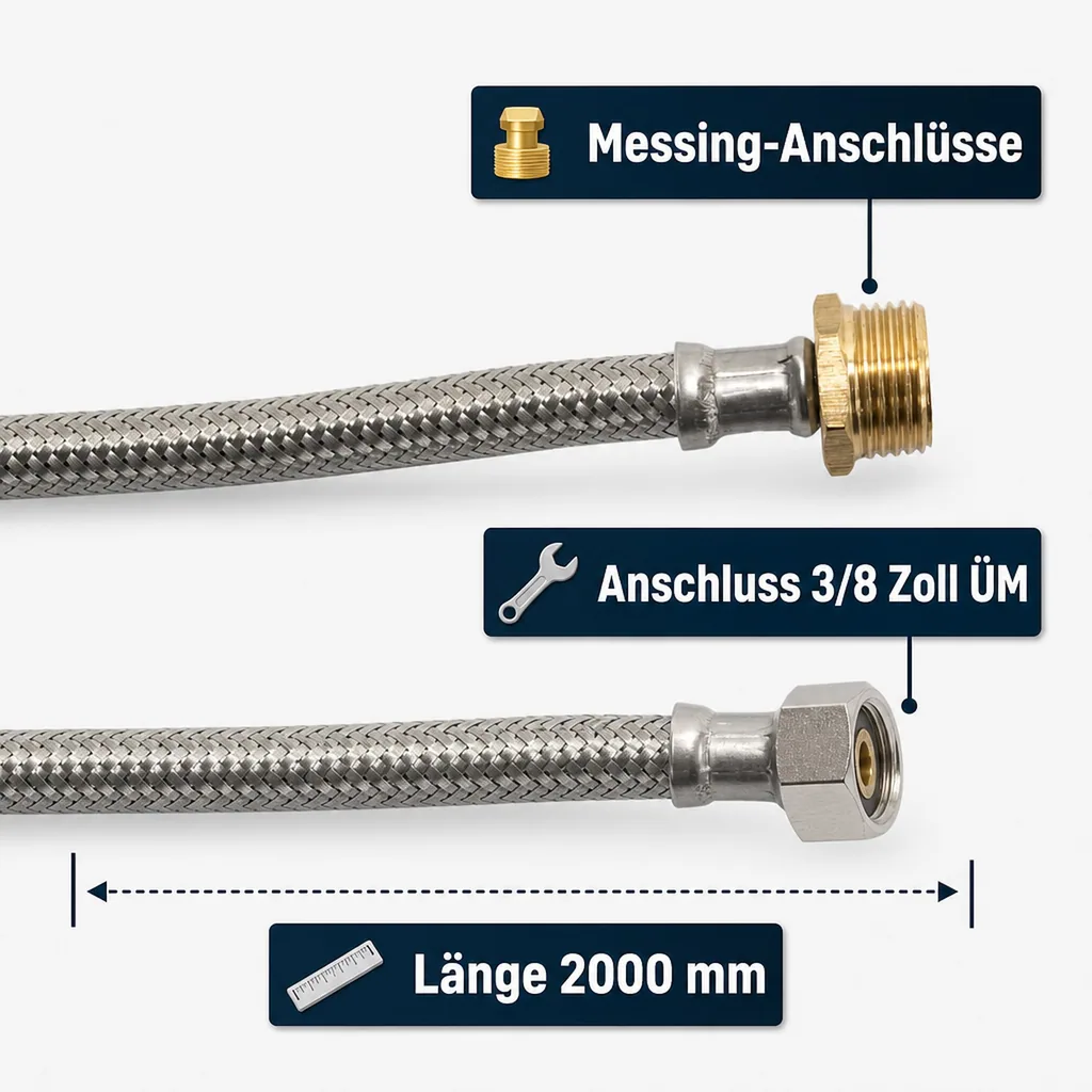 Panzerschlauch, Edelstahl, 1/2 Zoll AG x 3/8 Zoll ÜM, 2000 mm, DVGW