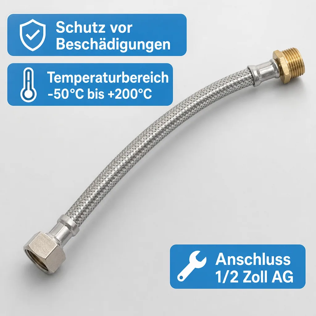 Panzerschlauch, Edelstahl, 1/2 Zoll AG x 3/8 Zoll ÜM, 2000 mm, DVGW