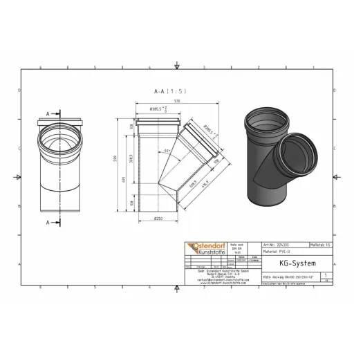 KG Abzweig DN 250, KG Rohr Abzweig 250, 45 Grad