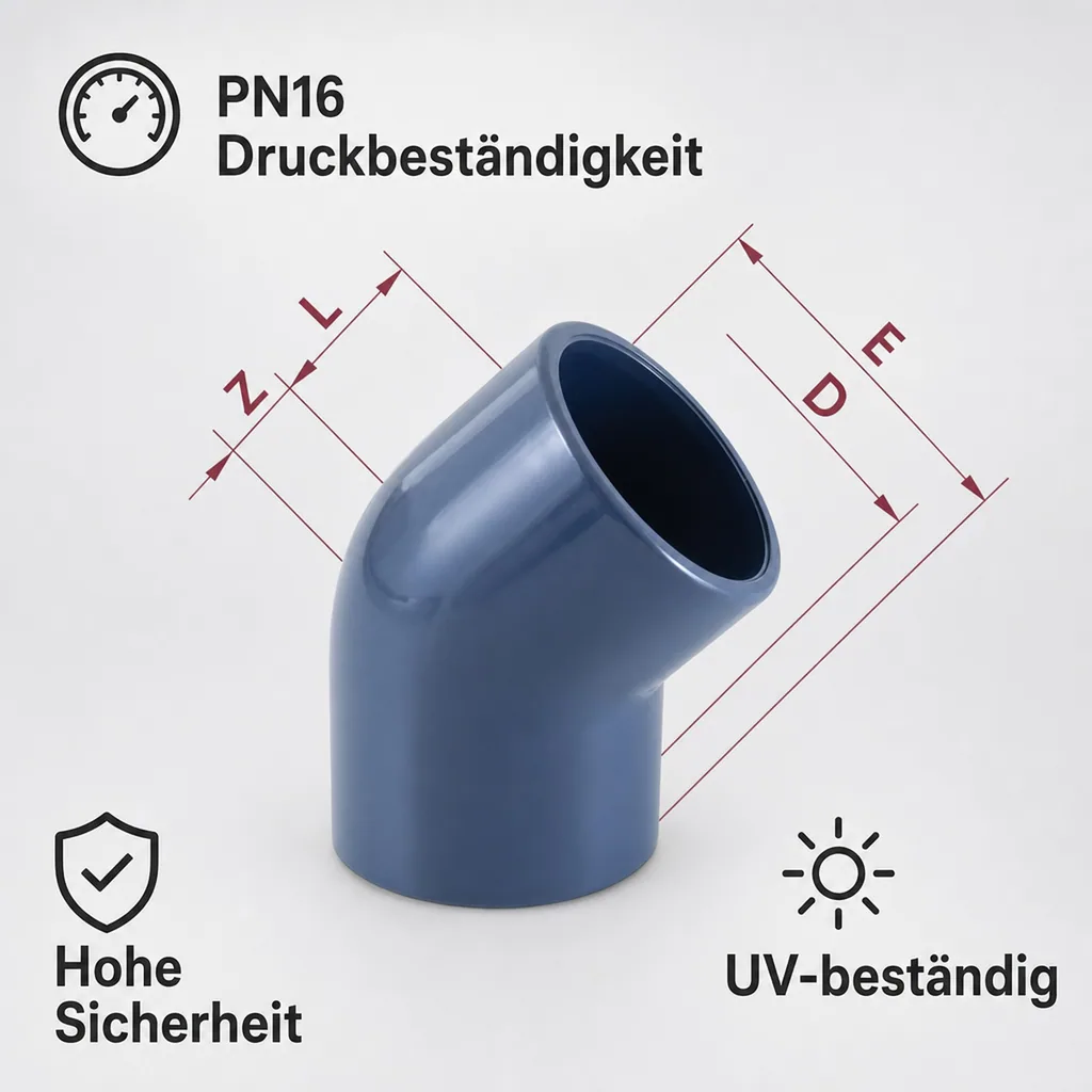 PVC Winkel 45 Grad, PVC Fitting 20mm, PVC-U Muffe, PN16