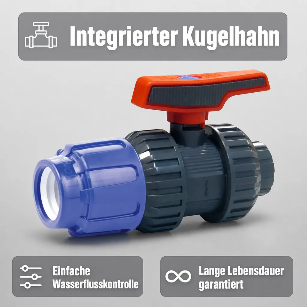 PE Rohr Verschraubung, Kugelhahn 20mm, 1/2" IG, PP Klemmverschraubung, Trinkwasserfitting