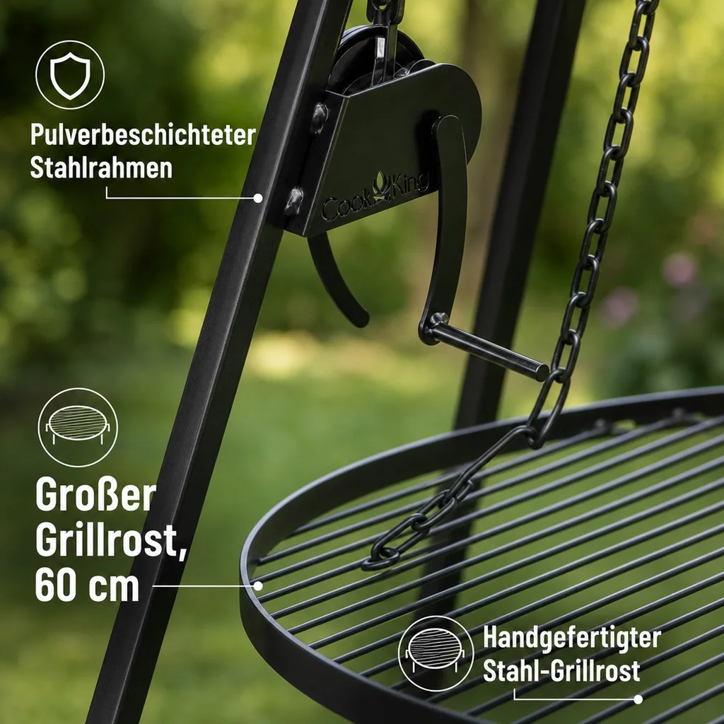 Schwenkgrill Set, Dreibein Grill 180cm, mit Grillrost 60cm