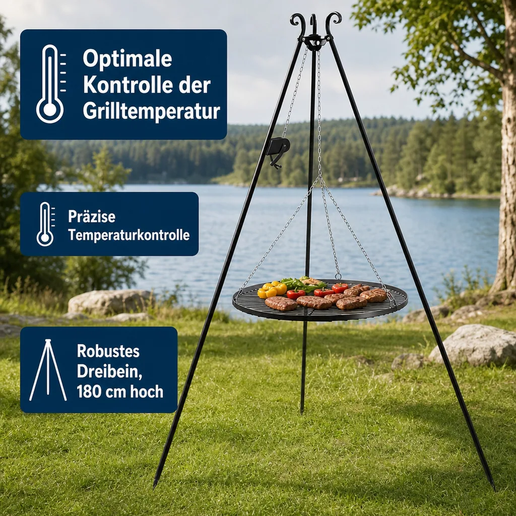 Schwenkgrill Set, Dreibein Grill 180cm, mit Grillrost 60cm