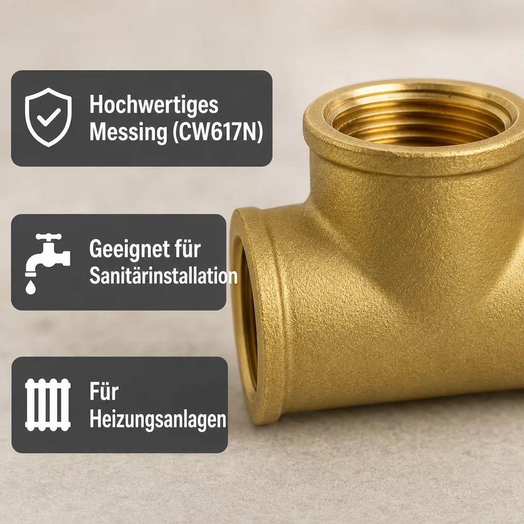 Gewindefitting Messing T-Stück reduziert 3/4" IG x 3/4" IG x 1/2" IG
