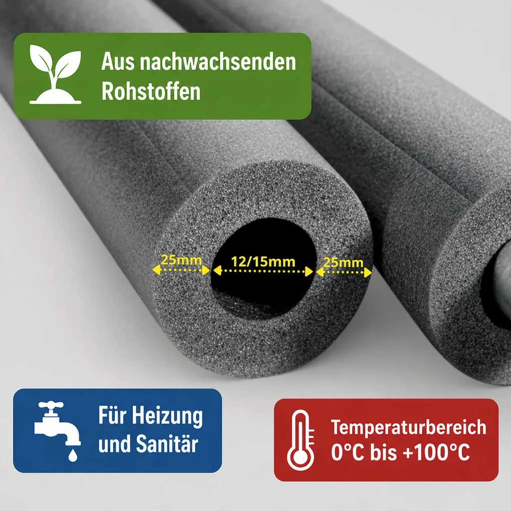 Rohr-Isolierung, Isolierschlauch, 1m Isolierschlauch Ø 12/15 mm x 25 mm Dämmung