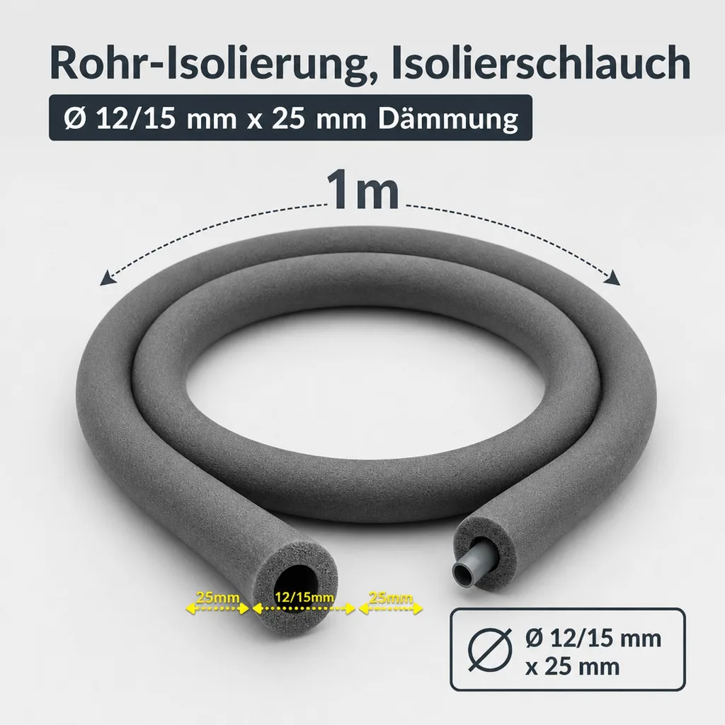 Rohr-Isolierung, Isolierschlauch, 1m Isolierschlauch Ø 12/15 mm x 25 mm Dämmung