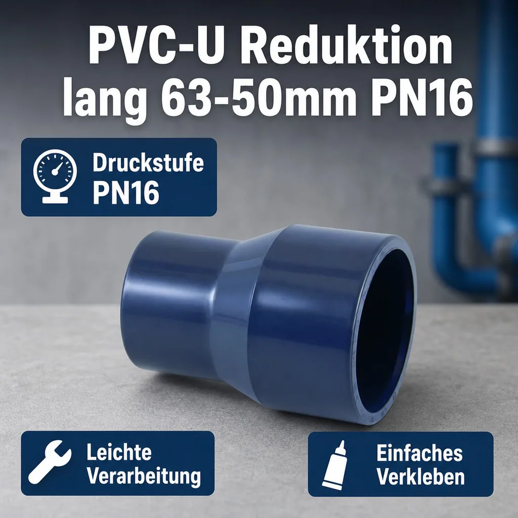 PVC - U Reduktion lang 63-50mm x 20 mm PN16