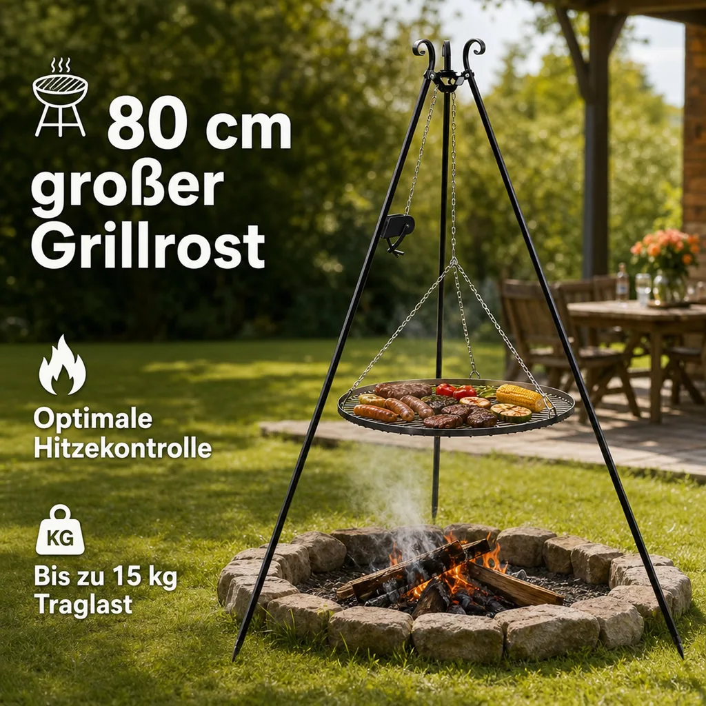 Schwenkgrill Set, Dreibein Grill, Grillrost 80 cm, Handkurbel, 180 cm