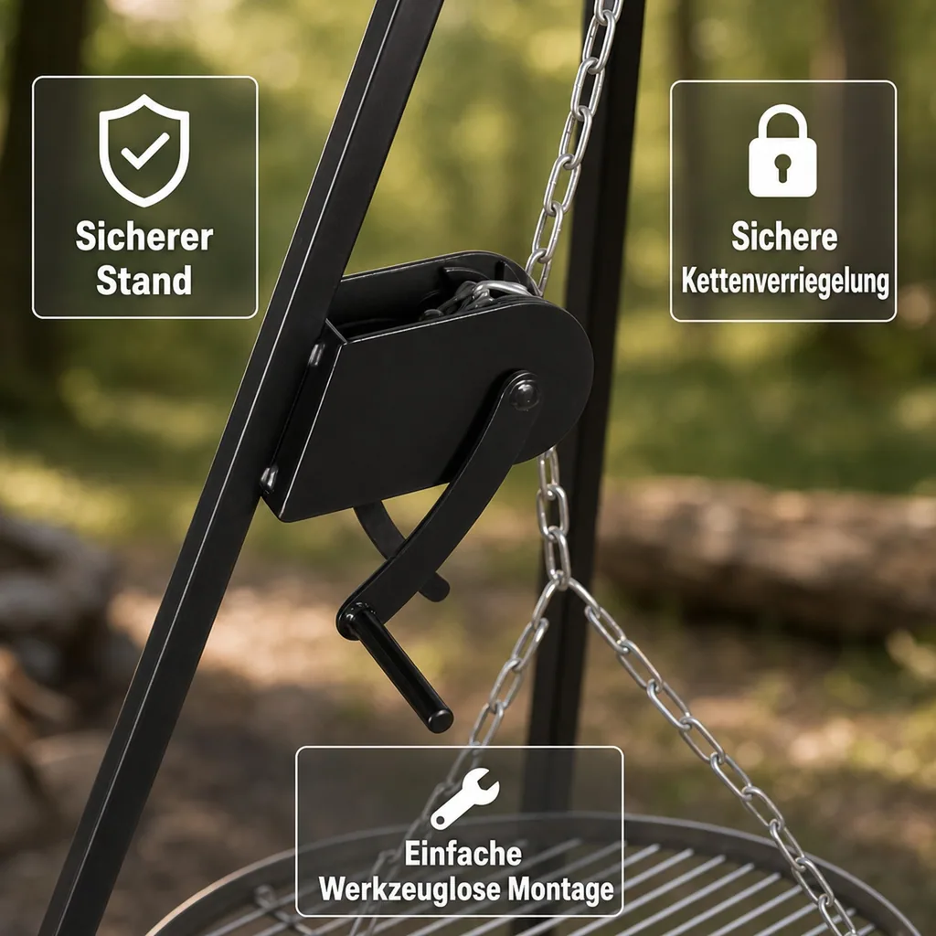 Schwenkgrill Set, Dreibein Grill, Grillrost 80 cm, Handkurbel, 180 cm