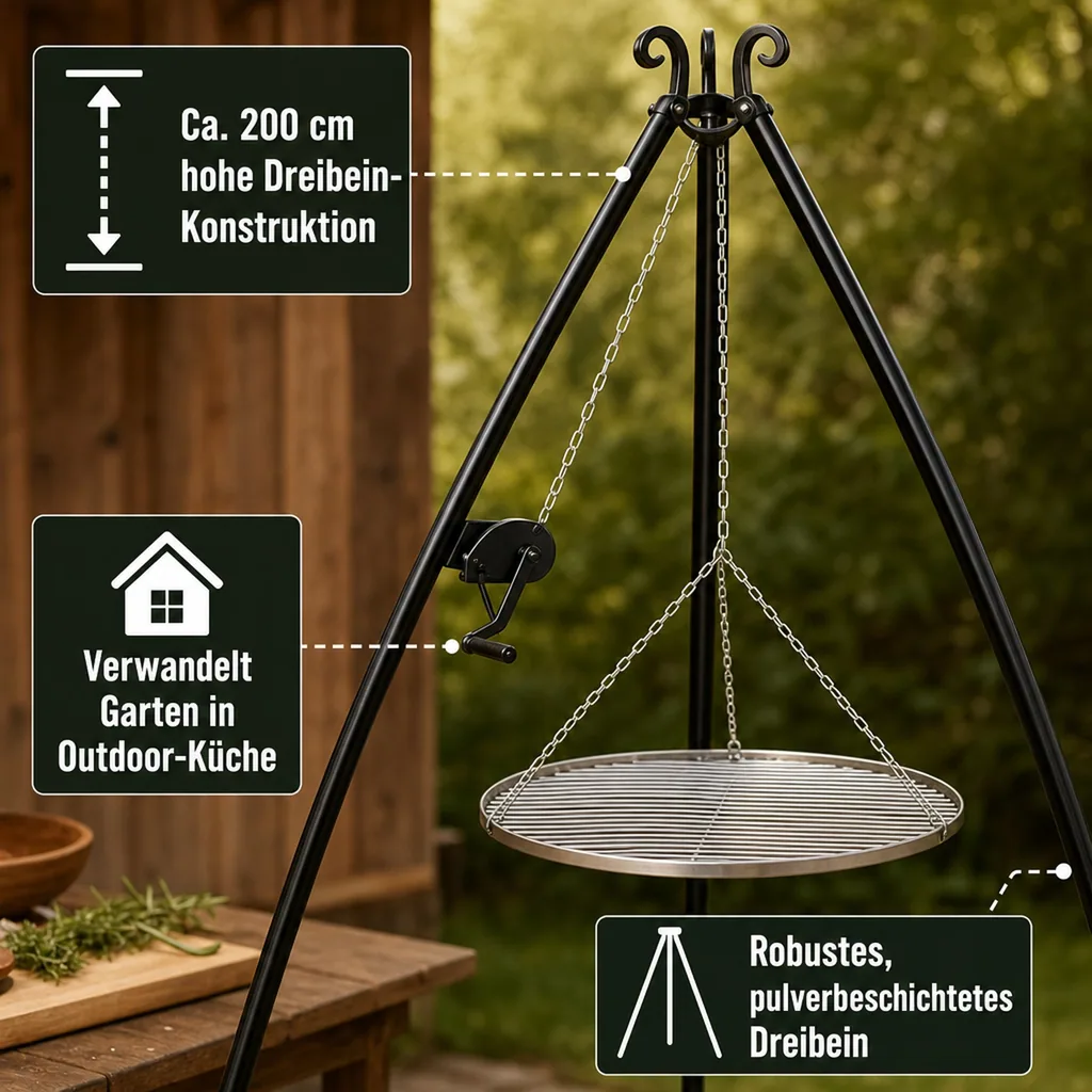 Schwenkgrill Set, Dreibein Grill, Edelstahl Grillrost 50 cm, mit Handkurbel