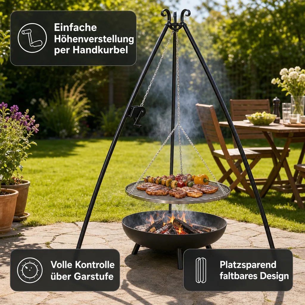 Schwenkgrill Set, Dreibein Grill, Edelstahl Grillrost 50 cm, mit Handkurbel
