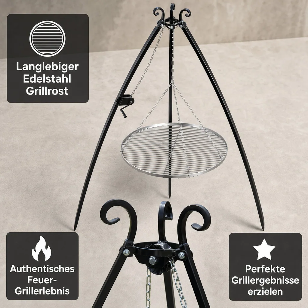 Schwenkgrill Set, Dreibein Grill, Edelstahl Grillrost 50 cm, mit Handkurbel