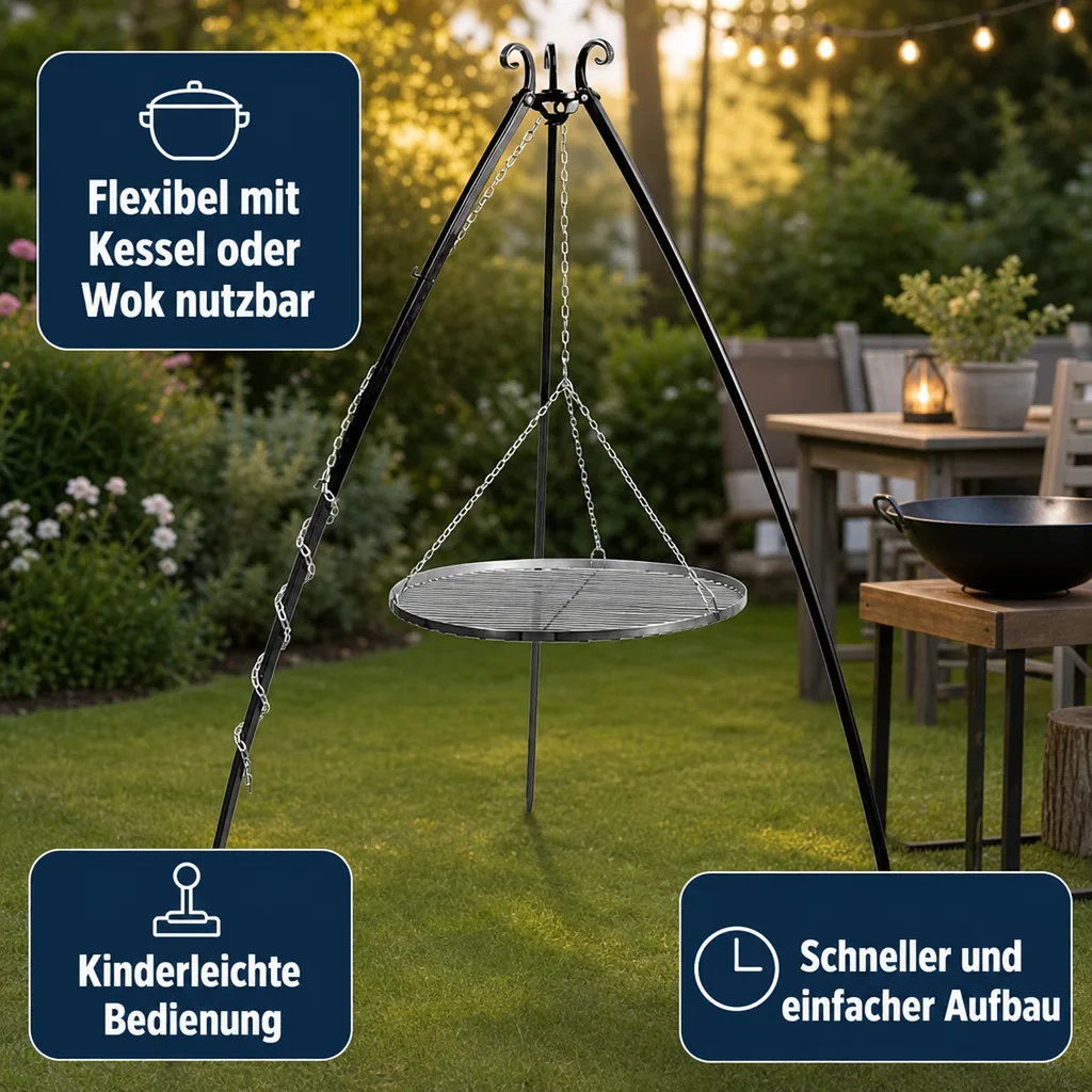 Schwenkgrill Set, Dreibein Grill 200cm, Grillrost 60cm, Gartengrill