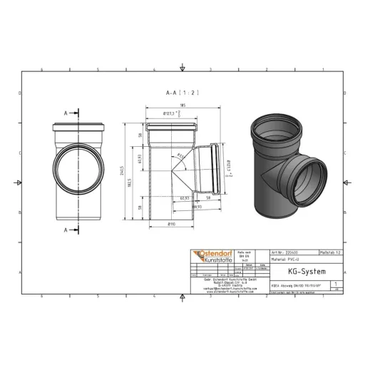 KG Rohr Abzweig 110, Kanalrohr DN 110, Abwasserrohr, PVC-U