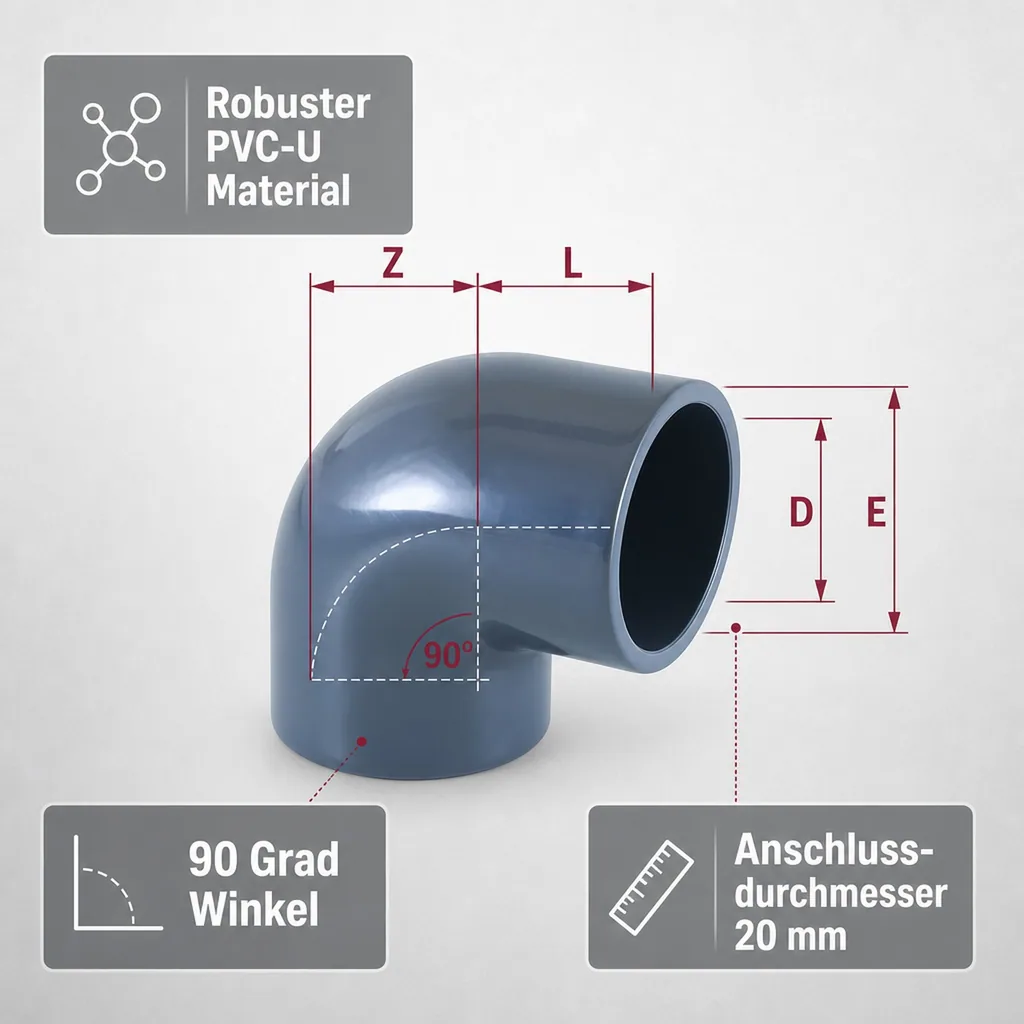 PVC Fitting 20mm, PVC Winkel, 90 Grad Muffe, PN16