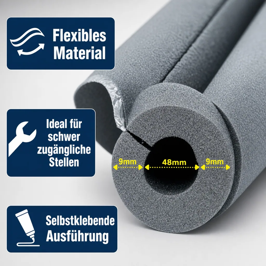 Isolierschlauch, Rohrisolierung, 48mm, 9mm Dämmung, 2x1m, selbstklebend