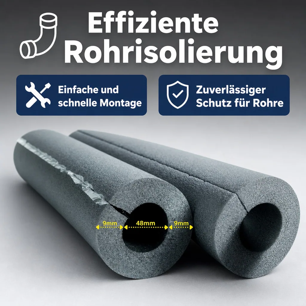 Isolierschlauch, Rohrisolierung, 48mm, 9mm Dämmung, 2x1m, selbstklebend
