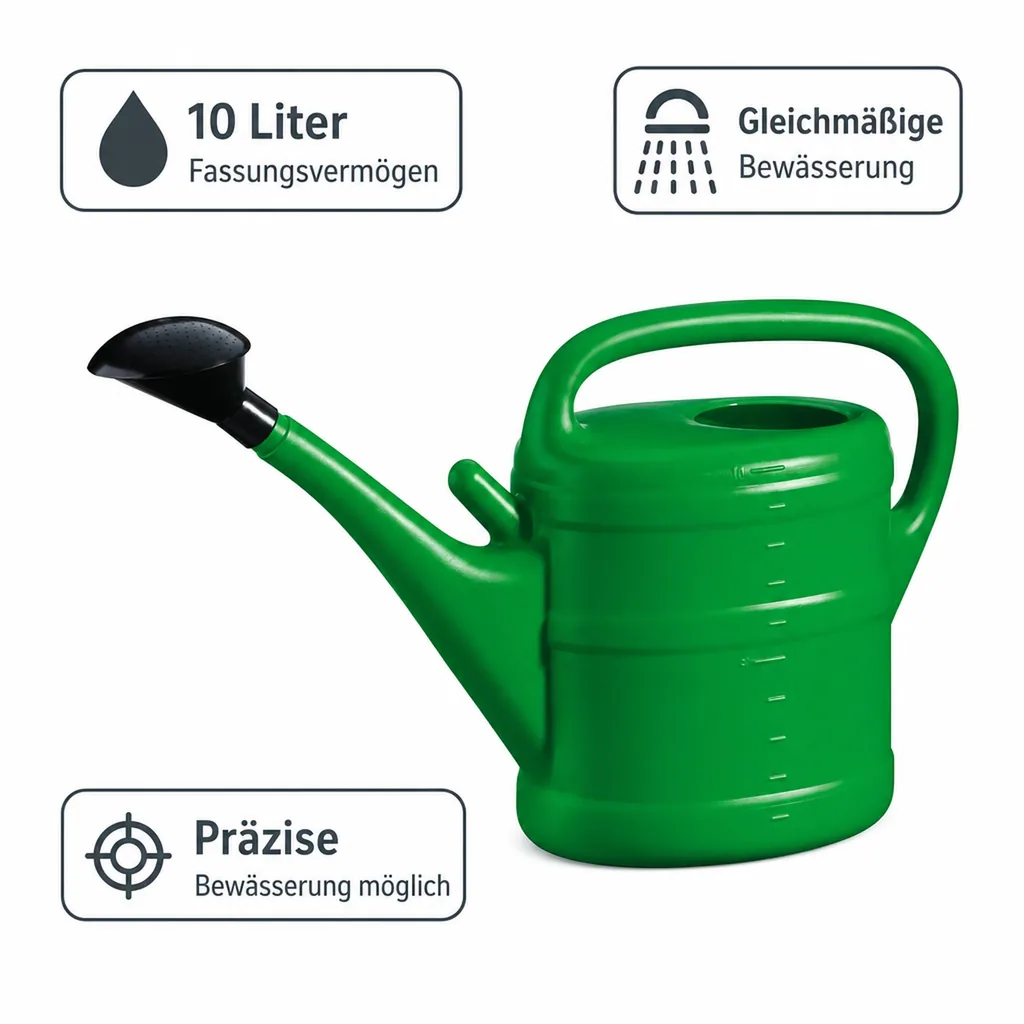 Gießkanne 10 Liter, grün, Kunststoff, mit Brause
