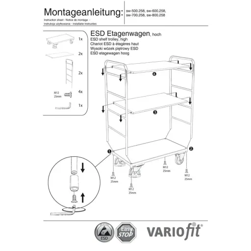 Hoher ESD Etagenwagen mit 3 Böden Typ S + EasySTOP