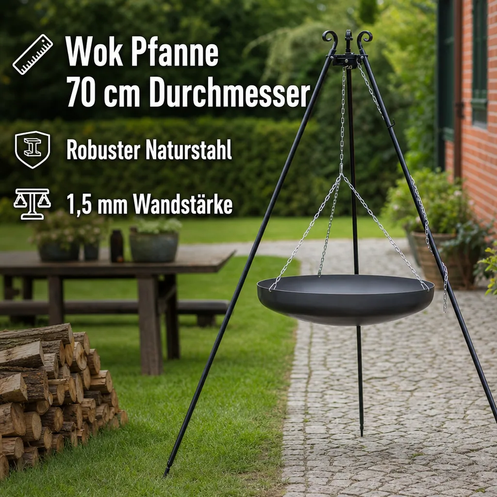 Wok Pfanne 70 cm, Naturstahl, für Dreibein & Feuerstelle