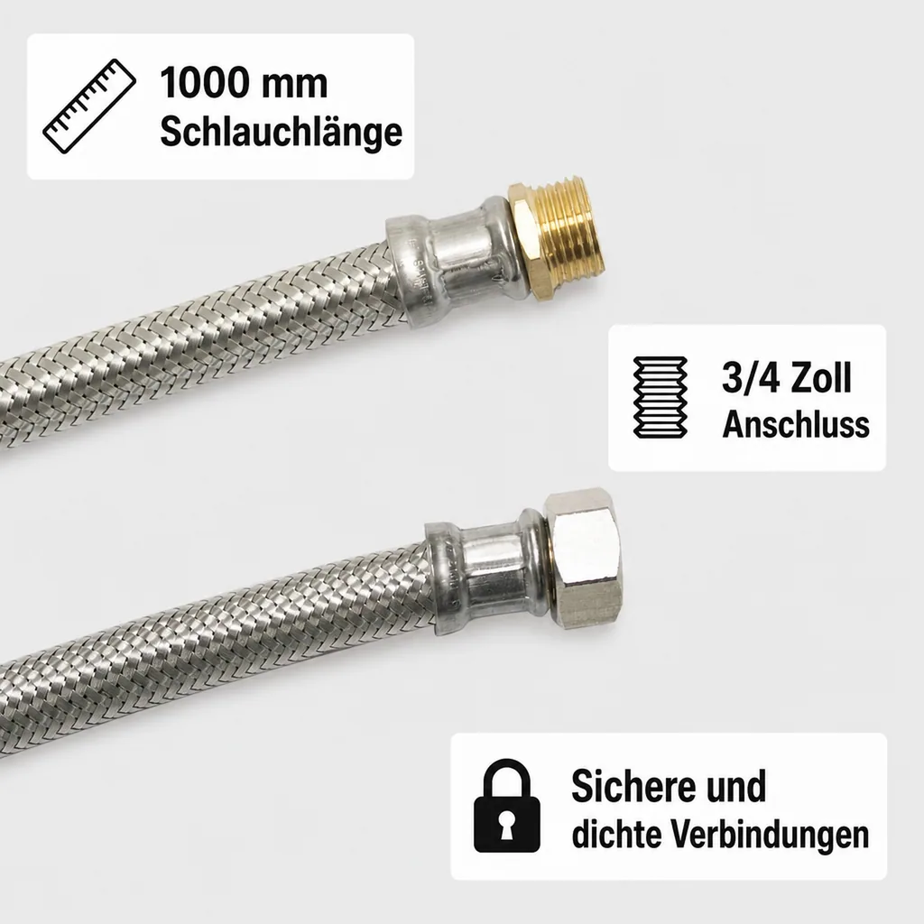 Panzerschlauch 3/4 Zoll DVGW, Edelstahlumflechtung, Flexibel 1000mm