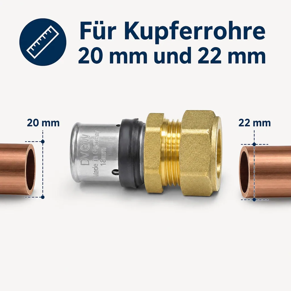 Pressfitting Übergang Kupferrohr, 20 mm - 22 mm, Trinkwasser, Made in Germany