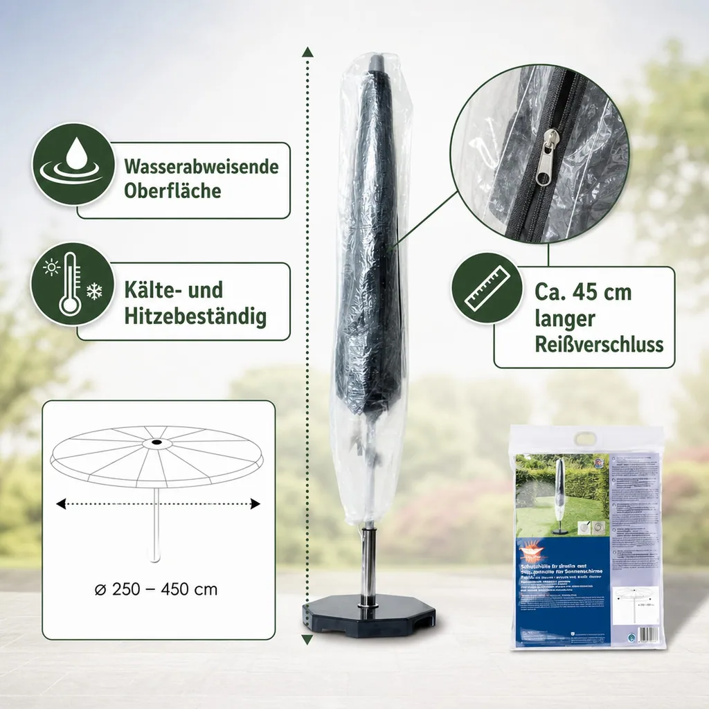 Gartenschirm Schutzhülle transparent, 250-450 cm, reißfest & wetterfest